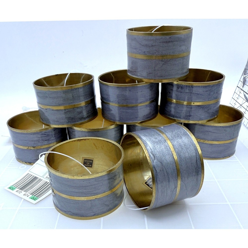 Vintage Napkin Ring Set Brass Blue Gray Enamel 1980s India Patina 10pc